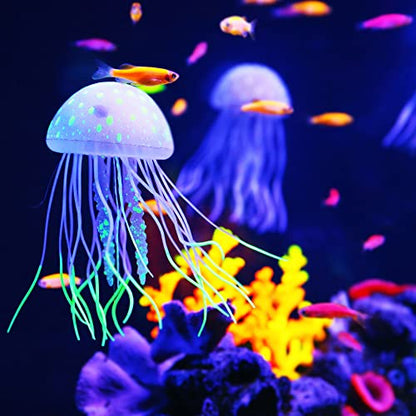 VOCOSTE Fish Tank Jellyfish Decoration, Silicone Fluorescent Jellyfish Glow Ornaments Aquarium Decor with Suction Cup, Blue, 2.3"x5.9"