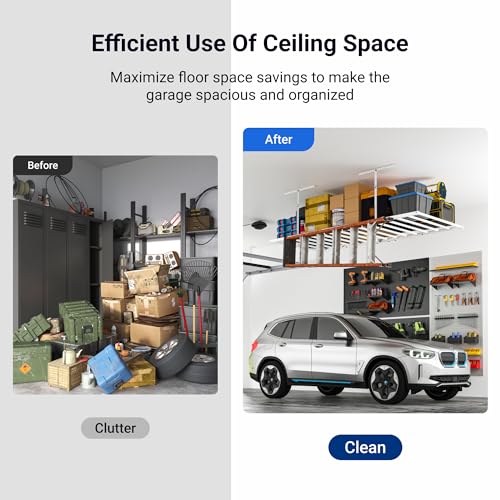 FLEXIMOUNTS 4x8 Overhead Garage Ceiling Storage Rack with 6 Hooks, White | 750lbs Capacity, 22.6"–39.4" Adjustable Dropdown, Heavy-Duty Metal Ceiling Racks, Storage Organization System, Lite Series - color: White