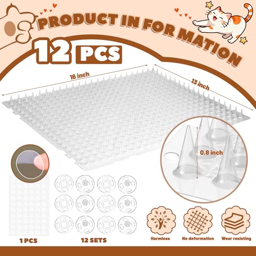 12 Pack 16 x 13 Inch Cat Repellent Mat, Scat Mat for Cat Spike Mat | Pet Training Mat Device, for Outdoor & Indoor to Deter Cats & Other Animals