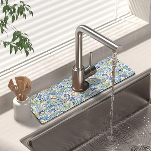 Kitchen Sink Splash Guard Faucet Mat 15" X 5.5" Paisley Absorbent Fast Drying Mat Faucet Draining Mat Sink Splash Guard Behind Faucet Drip Catcher for Kitchen Bathroom - color: paisley02, size: 15*5.5in