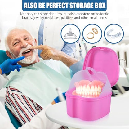 KISEER Pink Denture Bath Case Cup Box Holder Storage Soak Container with Strainer Basket for Travel Cleaning - color: Pink