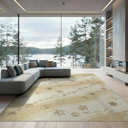 8'x10' Washable Beachy Sea Turtle Large Rug, Beige Non-Shedding Pet Friendly Carpet for King Size Bedroom, Master Suite, Under Bed, Foldable Easy Care Mat | Ref:1955149 - color: Beige/Pattern 19, size: 8' x 10' (Rectangular)