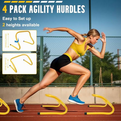 Agility Ladder, Soccer Training Equipment Set, 4 Agility Hurdles, 20ft Speed Ladder, Running Parachute, 12 Football Cones, Jump Rope | Soccer Basketball Athletes Speed Training - color: Yellow