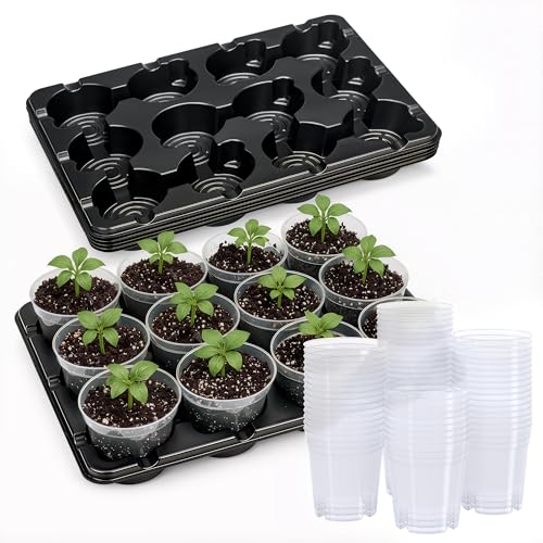 4 Inch Seed Starting Trays with Clear Nursery Pots, 5-Pack 12-Cell Seedling Starter Trays & 4" Nursery Pots 60 Pcs with Drainage, Plant Starter Germination Trays for Indoor Outdoor Growing - size: 4 Inch, style: 5 Pack Seed Starter Tray+Nursery Pots