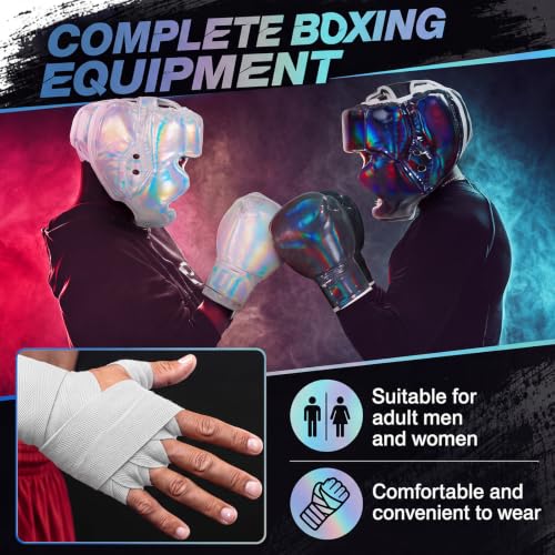 Kanayu 14 Pcs Boxing Gloves and Headgear Set for Beginners Youth 16 Ounce Boxing Gloves Headgear Helmet Hand Wraps Mouth Guards Equipment for Beginners Training Equipment Gifts - color: Laser Color
