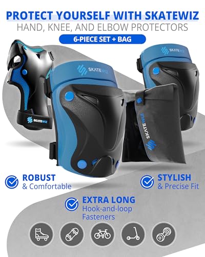 SKATEWIZ Kids and Adult Knee Pads and Elbow Pads Set 6pcs - incl. Carry Bag - color: Blue, size: M - Teenager Slim
