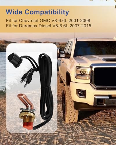 Engine Block Heater Fits for Chevrolet GMC 2001-2008 V8 6.6L, Diesel (Duramax), 2007-2015 V8 6.6L, Diesel (Duramax), 120V 1000 Watts 40mm Diameter, Threaded Engine Block Immersion Heater