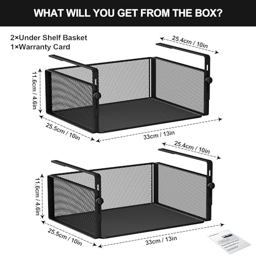 2Pack Under Shelf Basket Organizer,Adjustable Hanging Holder for Cabinet Pantry Kitchen Cupboard Desk Counter Bookshelf Organization Add-on Space Saver Heavy Duty Slide-in (Black, Large)