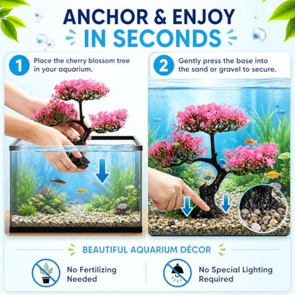 Cabilock Pink Cherry Blossom Aquarium Decor, 12.2 Inch Artificial Sakura Tree Fish Tank Plant with Stable Base, Realistic Plastic Aquarium Ornament for Betta, Goldfish, Turtle Tank Accessories, 4PCS