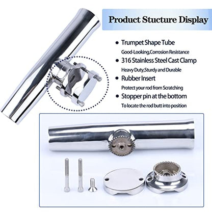 (2X) 316 Stainless Tournament Style Boat Fishing Holder Clamp on Fishing Rod Holder for Boat 1-1/4" to 2" Rail Gimbal Pin at Bottom
