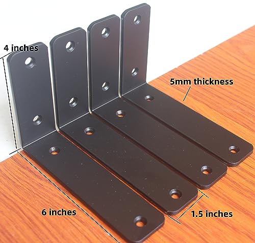 6 Pack - L 6" x H 4" x W1.5, 5mm Thick Black L Shelf Bracket, Iron Shelf Brackets, Metal Shelf Brackets, Floating Shelf, Shelf Supports with Screws - size: 6''x4'', style: Black 6 Pack