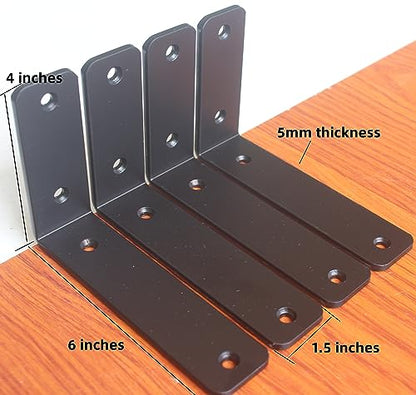 6 Pack - L 6" x H 4" x W1.5, 5mm Thick Black L Shelf Bracket, Iron Shelf Brackets, Metal Shelf Brackets, Floating Shelf, Shelf Supports with Screws - size: 6''x4'', style: Black 6 Pack