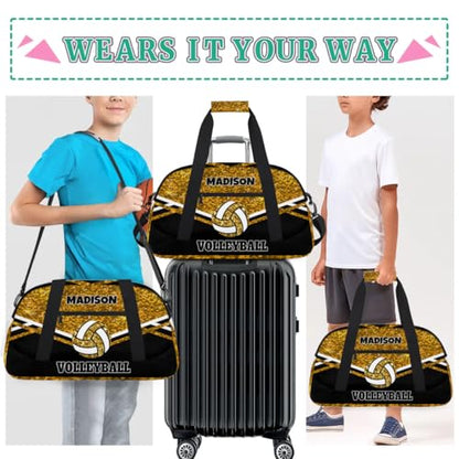 Custom Volleyball Bag with Name, Gold Sequins Glitters with Black | Personalized Sports Bag for Teens Waterproof Weekender Carry Training Travel Bag (Not real Glitter) - color: Gold Black