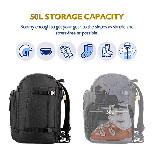 Unigear Ski Boot Bag Backpack 50L/70L for Helmet, Goggles, Skis & Snowboard - color: Black, size: 50L