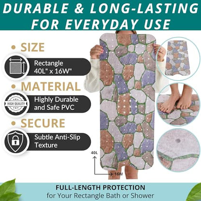 Bath Mat – Large 40 x 16 Inch Non-Slip Bathtub Mat with Secure Suction Cups & Drain Holes – Extra Long Bathroom Shower Mat for Tub with Stone Path Design (40x16 Stone Path) - color: Stone Path