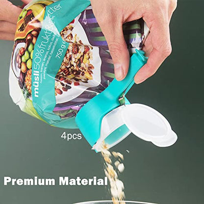 4Pcs Bag Clip with Pour Spout,Bag Clips for Food Storage Sealing Clips,Bag Spout Clips,Seal and Pour Bag Clip,Reusable Plastic Cap Sealer Clips for Food Liquid Snack