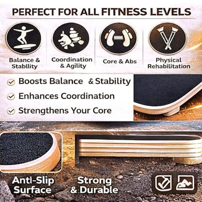 Wooden Balance Board Trainer for Adults – Core Strength & Stability Trainer for Surf, Skateboard & Snowboard Training – Non-Slip Balance Board for Home Gym Fitness