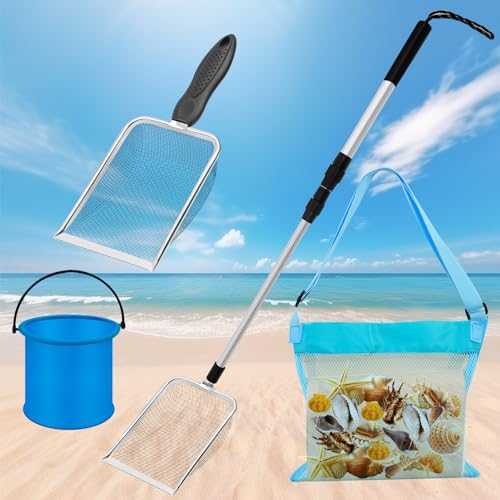 4pcs Shelling Scooper Tools for Beach, Adjustable Shark Tooth Sand Sifter with Mesh Shell Collecting Bag Foldable Beach Bucket Beach Scoop Shovel Toys for Adults Kids Picking Seashell Rock Hunting(B) - color: Blue