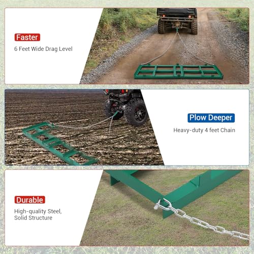 Garvee 48 Inch Heavy Duty Lawn Leveling Rake & Driveway Drag Harrow – Tow-Behind Gravel Grader for ATV, UTV, Tractor, Mower – Durable Steel Landscape & Soil Leveler, Reinforced 4FT Chain, Dirt, Sand