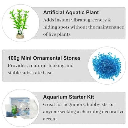 Plastic Goldfish Fish Bowl Drum Round Crystal Clear Aquarium Fish Tank Starter Kits with 1 Artificial Aquatic Plant and 1 Bag Mini Ornamental Stones (0.72Gallon/ 2.75L)