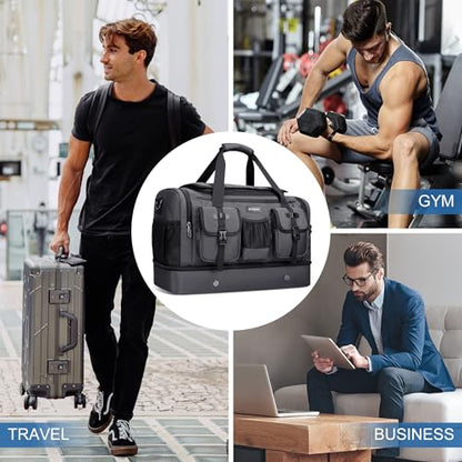 WITZMAN Duffle Bag for Men 55L Nylon Travel Weekender with Shoe Compartment - color: Silvery Grey