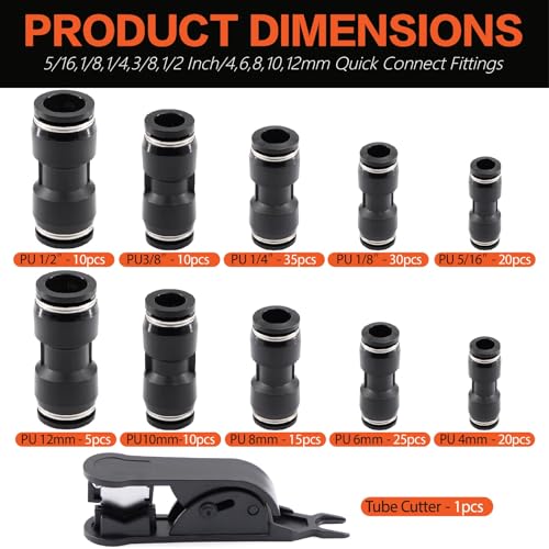 180PCS Pneumatic Quick Connect Fitting Kit: Imperial (1/8", 1/4", 5/16", 3/8", 1/2") & Metric (4,6,8,10,12mm) Push-in Air Line Connectors（Black) - color: Black