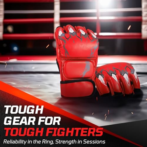 Flexzion MMA Gloves Fingerless Boxing Gloves for Men Women and Teen Youth, UFC Grappling Krav MAGA Kickboxing Gloves for Training Punching Bag Muay Thai Hitting Mitts Cutoff Martial Art Gloves - color: Red