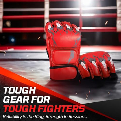 Flexzion MMA Gloves Fingerless Boxing Gloves for Men Women and Teen Youth, UFC Grappling Krav MAGA Kickboxing Gloves for Training Punching Bag Muay Thai Hitting Mitts Cutoff Martial Art Gloves - color: Red