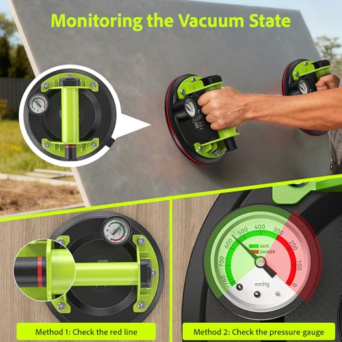 TaskStar Glass Suction Cups to Lift Large Glass: 8" Tile Suction Cup Tool with Pressure Gauge, 450 LBS Max Load, Heavy Duty Vacuum Lifter for Contractor/Tiler/Stone Installer/DIYer - color: Green