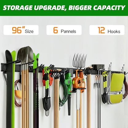 Garage Wall Organizer, 96 in Garden Tool Organizer with 12 Adjustable Hooks | 720 LBS Load, Wear & Tear Resistant, Soft Anti-Scratch Hook Sleeves, 3 Extra Storage Straps, For Garden Lawn & Shed Tools - size: 96 inch 12-Hook