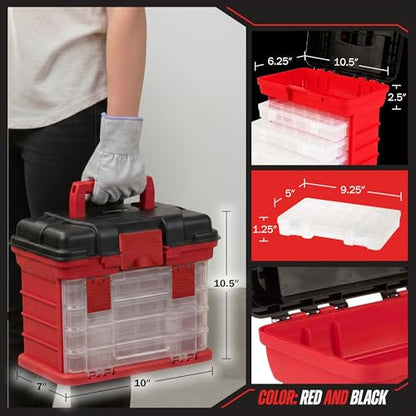 Portable Tool Box - Small Parts Organizer with Drawers and Customizable Compartments for Hardware, Fishing Tackle, Beads, or Crafts by Stalwart (Red)