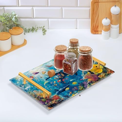 Bathroom Vanity Tray Counter Organizer, Whale and Vibrant Tropical Fish Underwater Decorative Tray with Handles Countertop Storage for Bathroom Bedroom Kitchen Home