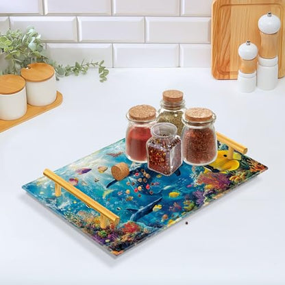 Bathroom Vanity Tray Counter Organizer, Whale and Vibrant Tropical Fish Underwater Decorative Tray with Handles Countertop Storage for Bathroom Bedroom Kitchen Home