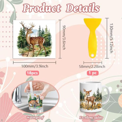 Peacoblue 18 Sheets Rub on Transfers for Crafts, Forest Deer 3.6"x3.9" UV DTF Cup Wraps Waterproof Rub on Cold Transfers Stickers for Wood Glass Metal Cup Tumblers Mirrors Mugs Home Decor - style: Forest Deer