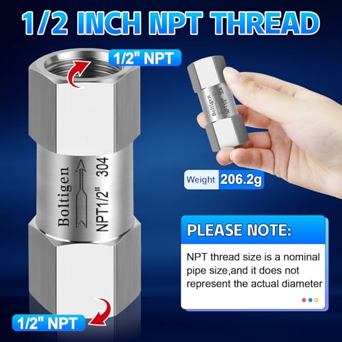 Stainless Steel 304 1/2" NPT Spring Check Valve, 1000 PSI, -20C to 200C, Industrial Check Valve, 2 Ports, NPT Connections - size: 1/2'' NPT