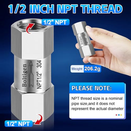 Stainless Steel 304 1/2" NPT Spring Check Valve, 1000 PSI, -20C to 200C, Industrial Check Valve, 2 Ports, NPT Connections - size: 1/2'' NPT