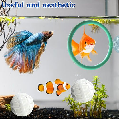 Betta Fish Exercise Ring and Filter Balls Set, Fish Feeder Ring and Nitrifying Ball, Betta Fish Toys for Small Tank, Betta Ring, Beta Fish Training Loop, Aquarium Toys for Pets Turtle (Green, M-70mm)