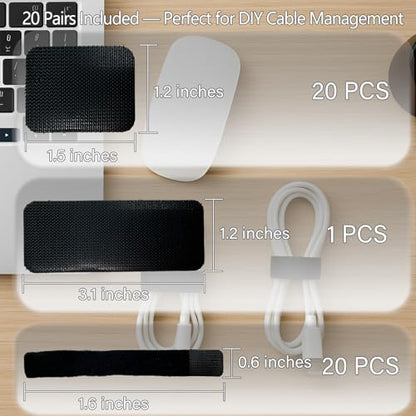 Under Desk Cable Management Ties, 15 Pack | Adjustable Hook and Loop Cord Organizer, Low Profile Wire Hider System