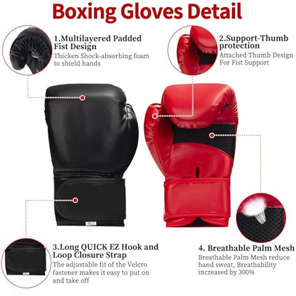 8-Piece Boxing Gloves Set with 2 Headgear and 4 Hand Wraps, PU Leather Black Red Protective Gear for Men, Women, Kids, and Youth MMA Training Sparring - size: Large