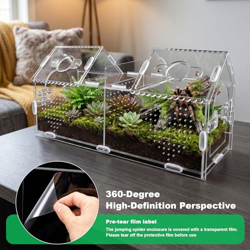 Jumping Spider Enclosure-Large Size Dual Space Tarantula Enclosure,Acrylic Side Door Double Feeding Port Spider Terrarium for Spider,Praying Mantis,Snail,Micro Reptile(12" L*3.6" W*6" H)