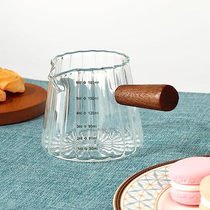 Joeyan 6 oz Glass Measuring Cups with Spout,Borosilicate Glass Triple Pitcher with Scale,Origami Style Espresso Shot Glasses with Wood Handle for Coffee Milk,Dishwasher Safe - color: 6 Oz Single Spout Clear Measuring Cup