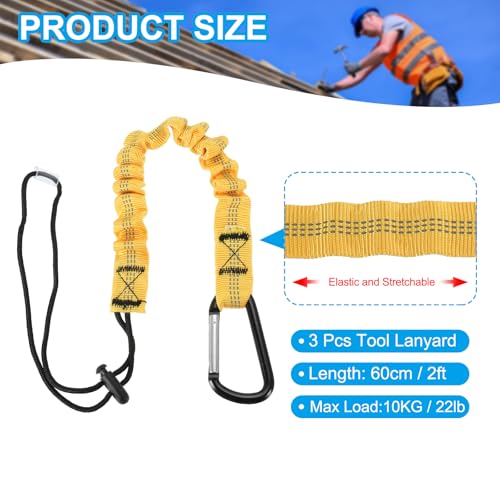 MECCANIXITY Retractable Tool Lanyard 2ft with Single Aluminum Buckle and Adjustable Loop End, Maximum Weight Limit 10KG / 22lb, Safety Fall Protection Tools Leash, Yellow 3 Pack - color: Yellow, size: 2ft