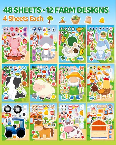 48 Sheets Farm Animal Make‑a‑Face Stickers for Kids & Toddlers – 12 Unique Mix‑and‑Match Designs – Farm Party Favors, Birthday Supplies, Activities & Crafts - style: Farm Fun