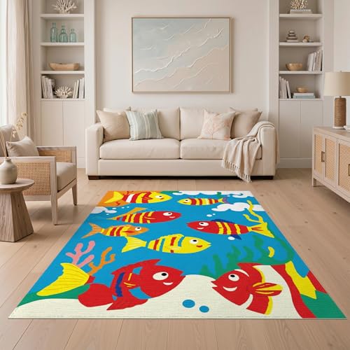 5'x7' Washable Modern Fish Area Rug, Yellow Non-Shedding Pet Friendly Carpet for Small Living Room, Playroom, Bedroom, Easy Care Kids Safe Mat | Ref:1887345 - color: Blue/Pattern 45, size: 5' x 7' (Rectangular)