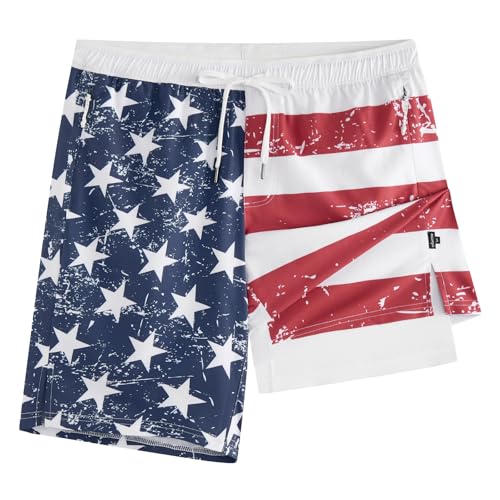 maamgic Mens Swim Trunks 9 Inch Compression Liner Quick Dry Board Shorts - color: American Flags Blue, size: 3X-Large
