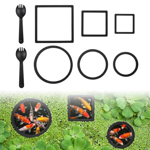 6 Pcs Aquarium Floating Plant Corral, Round & Square Fish Feeding Rings, EVA Fish Tank Accessories for Betta and Small Fishs, Floating Plant Barrier & Feeder Set with 2 Feeding Forks (Black)