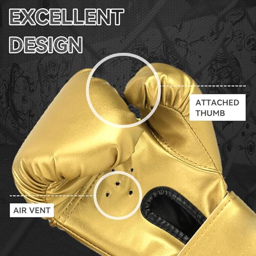 HERCHR Boxing Gloves, PU Leather Taekwondo Gloves Professional Fighting Children Boxing Training Gloves Thickened Punching Sparring Training Mitts for Kids - color: gold