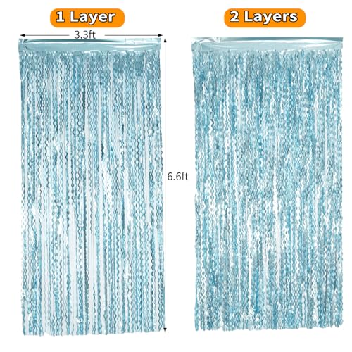 4 Pack Wavy Blue Foil Fringe Curtain 3.3x6.6 Feet | Blue Streamers Tinsel Backdrop for Under The Sea Party Decorations | Ocean Backdrop | Mermaid Birthday Decorations