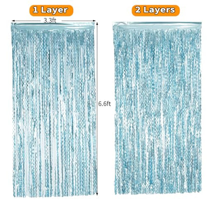 4 Pack Wavy Blue Foil Fringe Curtain 3.3x6.6 Feet | Blue Streamers Tinsel Backdrop for Under The Sea Party Decorations | Ocean Backdrop | Mermaid Birthday Decorations