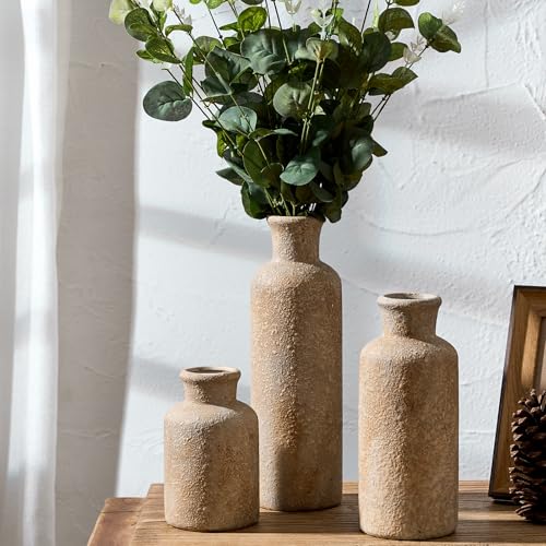 Ceramic Rustic Farmhouse Vase Set of 3,Terracotta Vases for Decor,Antique Vase for Your Bedroom,Office,Living Room,Fireplace,Bookshelf Decor,Housewarming (10+7.5+5 Inch)